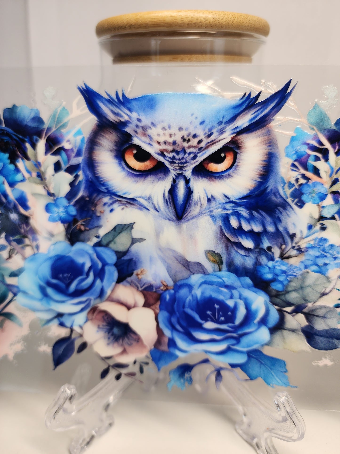 Blue Owl with Flowers | 16 Oz Glass Can